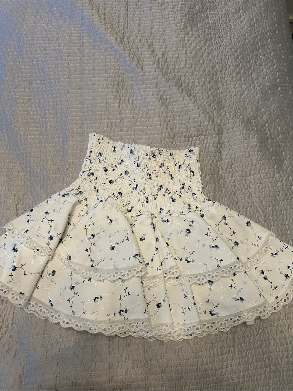 Smocked Waist Floral Tiered Mini Skirt - White with Blue Floral